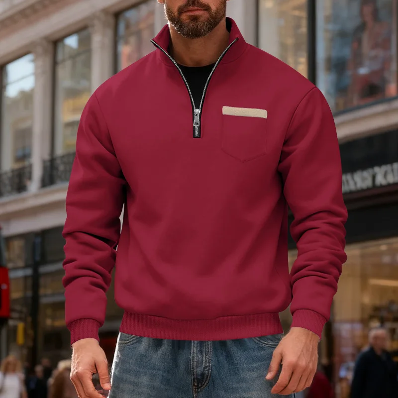 2025 cross-border autumn and winter men's heavy-duty velvet simple retro half-zipper stand-up collar loose casual sweater men