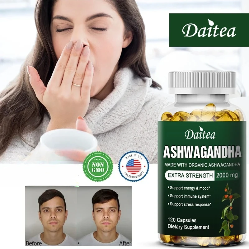 مستخلص Daitea Ashwagandha لدعم القلق والتوتر يساعد على إنقاذ النوم العميق الصحي والأرق وإدارة وزن البطن النحيف