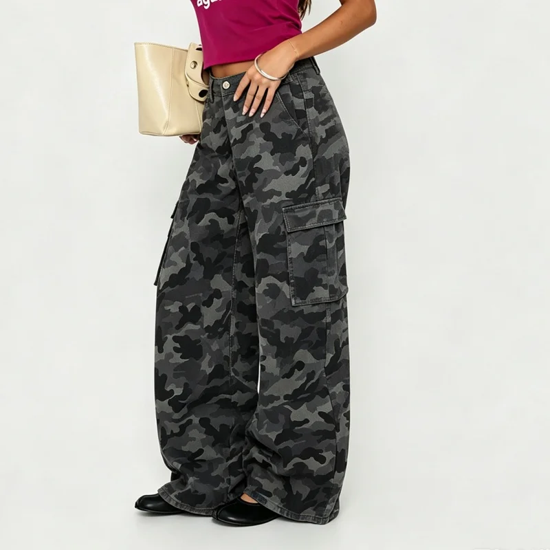 Y2k Vintage Camo Wide Leg Cargo Pants For Women Hip Hop Street Fashion High Waist Baggy Trouser With Side Pockets