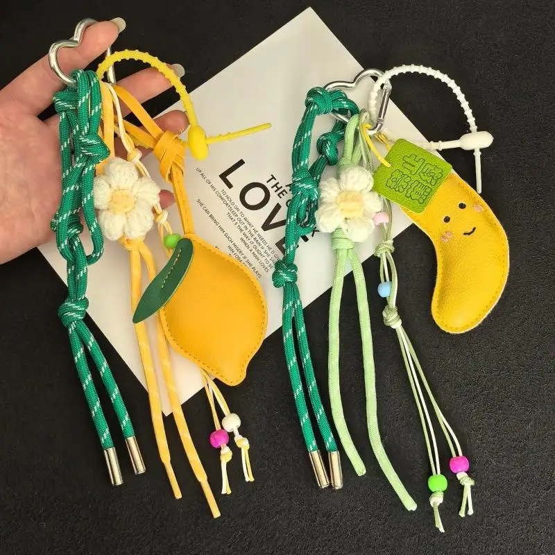 Cute Faux Leather Fruit Bag Charm Keychain Minimalist Crochet Flower Ornament for Casual Bag Car Key Ring