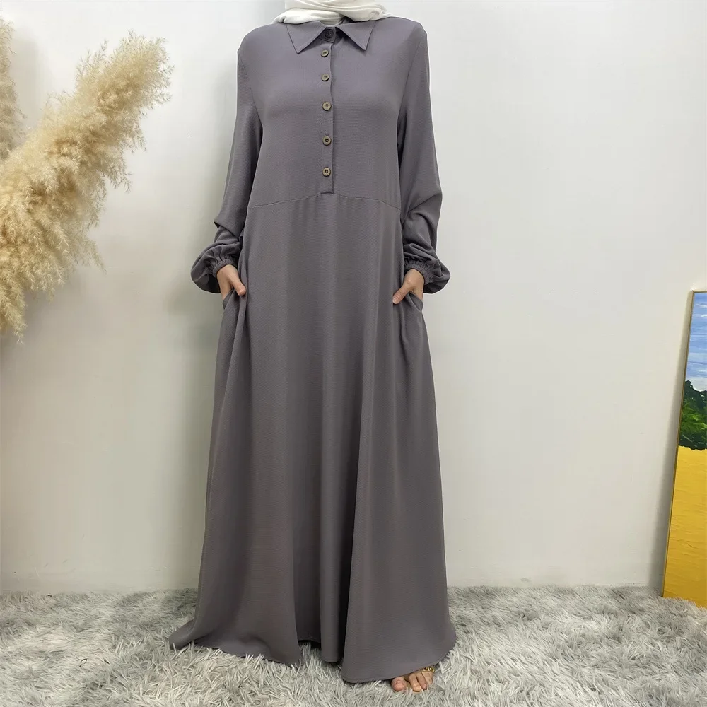 Loose Button Dress with Pockets Dresses for Women Dubai Turkey Elegant Turn Down Collar Abayas Vintage Long Sleeve Muslim Dress