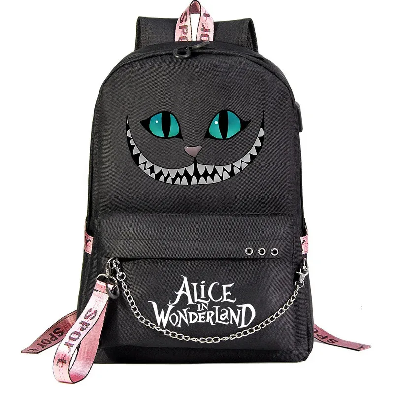 

Алиса в стране чудес для мальчиков и девочек, детские школьные сумки для книг, женский рюкзак с USB-цепочкой, холст, мужской рюкзак для ноутбука, сумка для книг, кошка