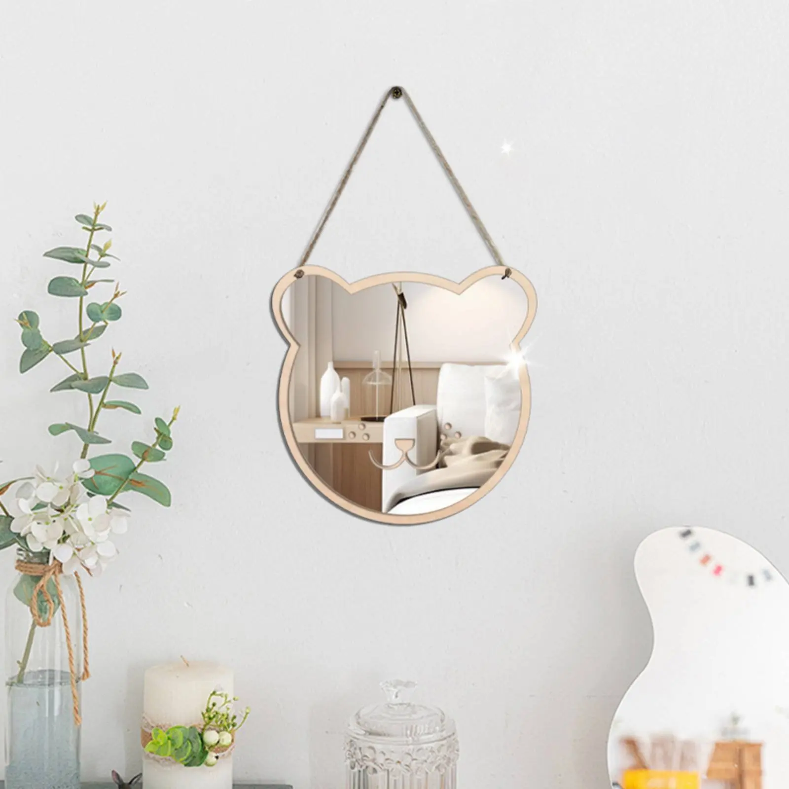 Creature Shaped Mirror Adhesive-Adhesive Wooden Frame Wall Mirror Nursery Decoration Creative Design Home Decor for Infants