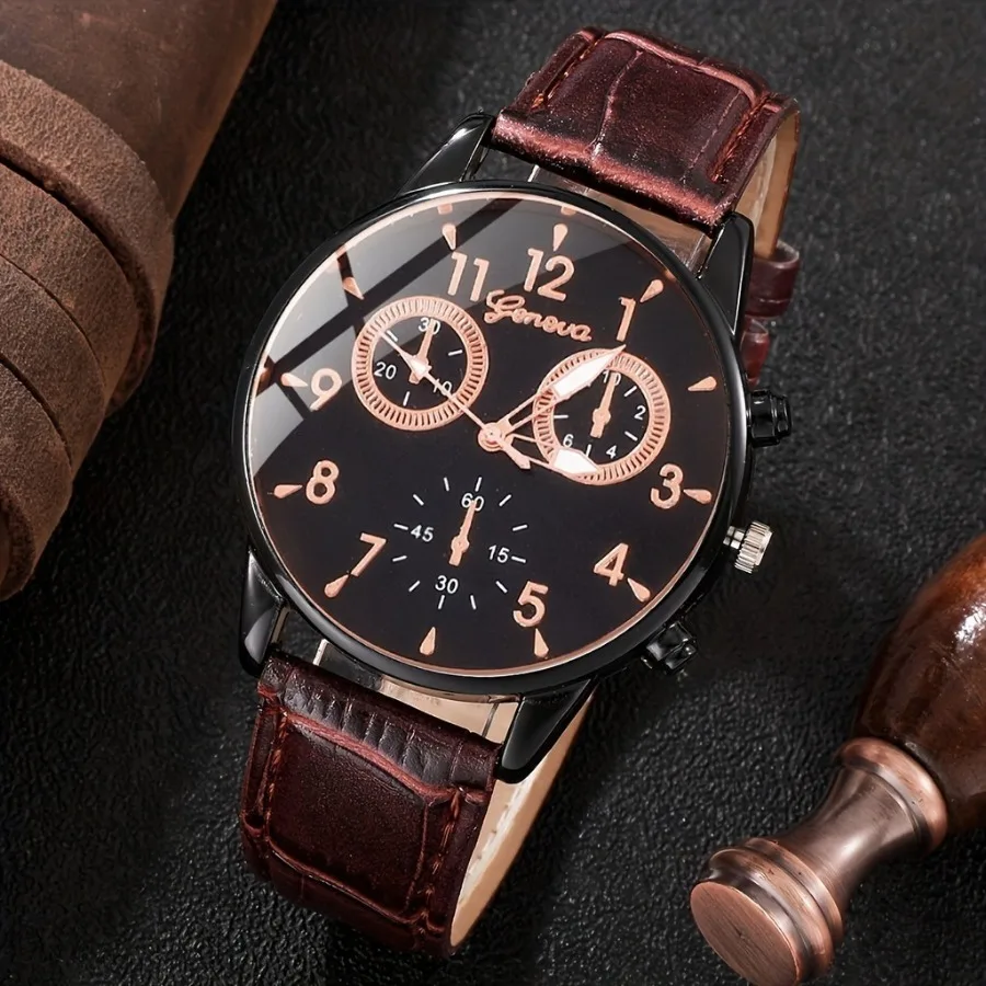 Add to Wish List Kegllect 4PCS Men Leather Bracelet Brown Dial Watches Large Waterproof Set Without Box