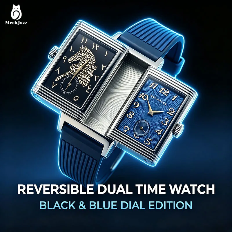 MechJazz Flip Square Wristwatch, Men's Mechanical Watch, Double-sided Reversible Square Watch, Rubber Strap, Vintage Dress Watch