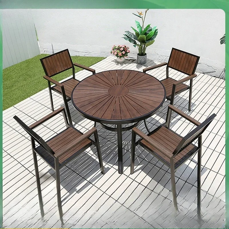 Table and chair combination plastic wood preservative wood leisure chair outdoor waterproof tea table open-air balcony garden