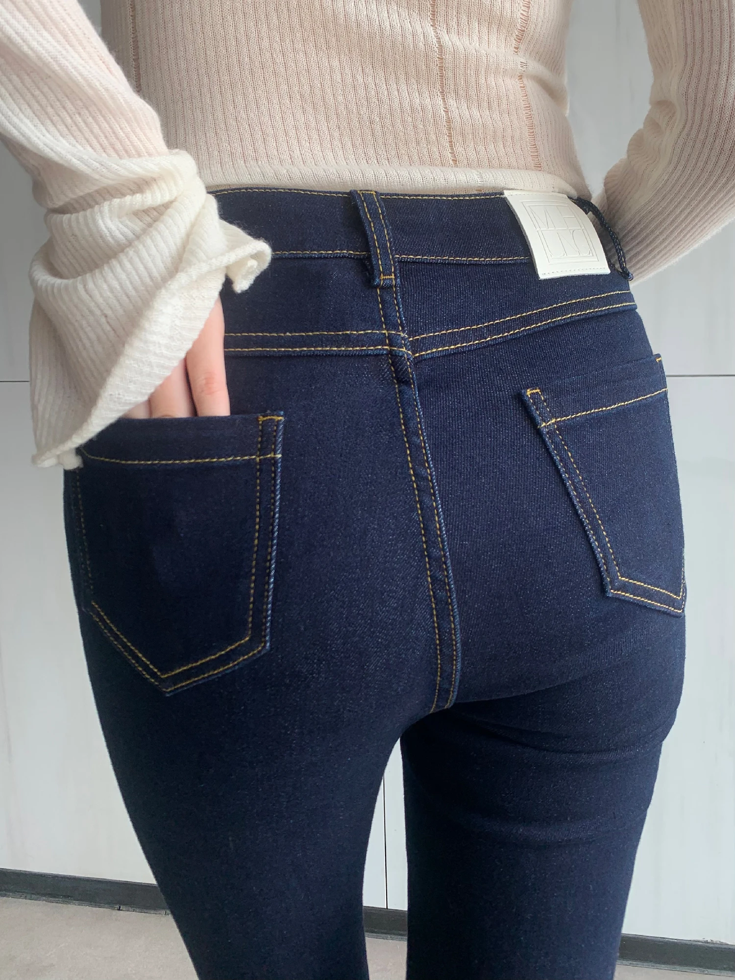 VINTAGE DARK BLUE NINE POINTS MICRO-FLARE JEANS SIMPLE ELEGANT TASSEL RAW HEM DESIGH HIGH-WAISTED SLIM WOMNE’S PANTS - FORGUNROS