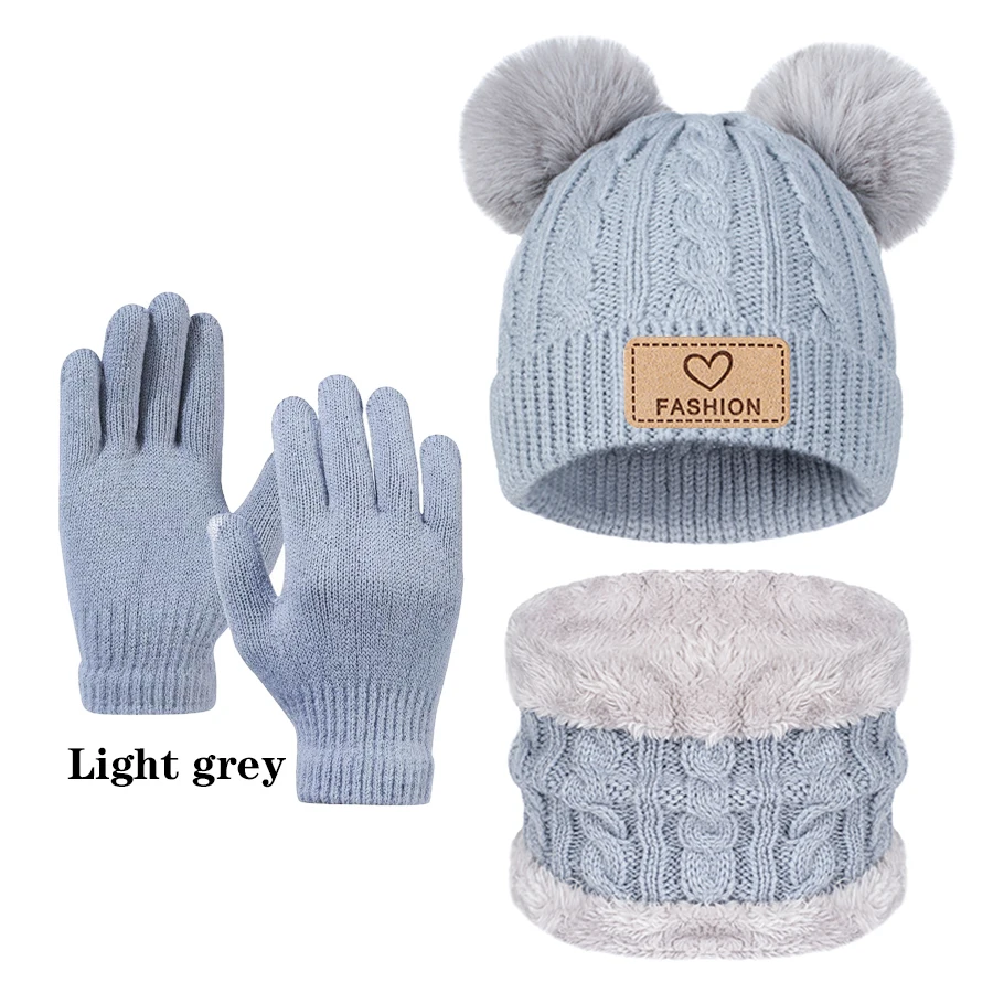 3pc For boys and girls aged 3 to 12, wear the double-ball knitted cap with a solid color neck and gloves in autumn and winter