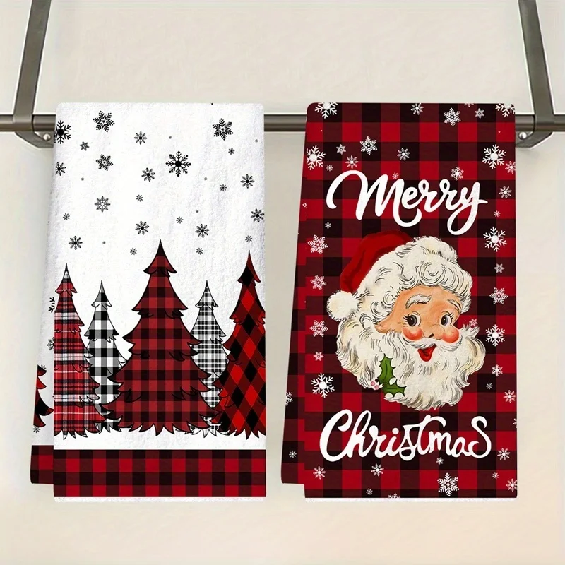 2 Santa Claus Christmas hand towels, red and black buffalo plaid kitchen towels, polyester durable dish towels