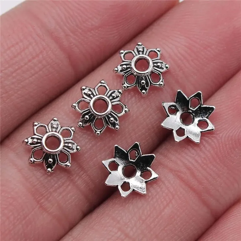 400 Stück antiksilberfarbene Blumen-Perlenkappen 9x9 mm für DIY-Halsketten, Armbänder, Schmuckherstellung im Großhandel – Detail 1