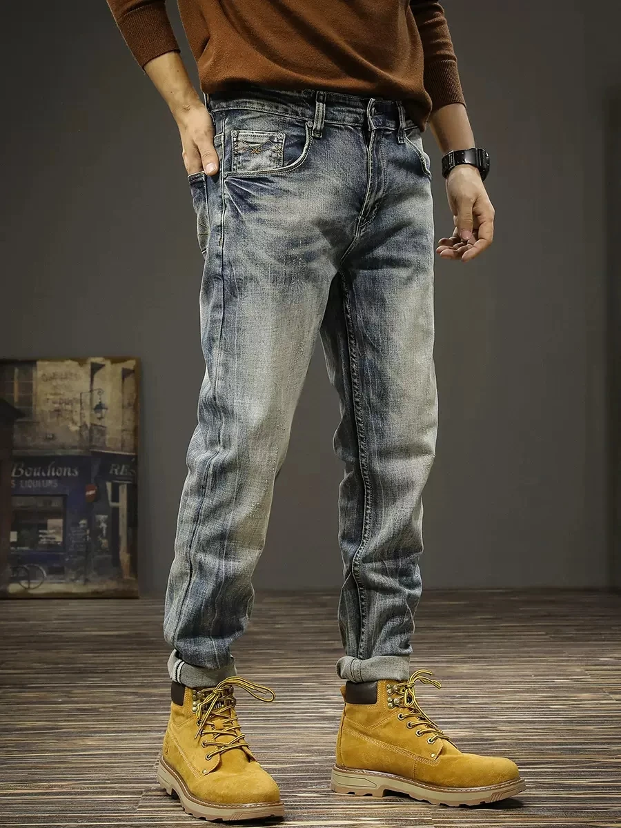 Italian Style Fashion Men Jeans Retro Blue Stretch Elastic Slim Ripped Jeans Men Vintage Trousers Casual Designer Pants Hombre
