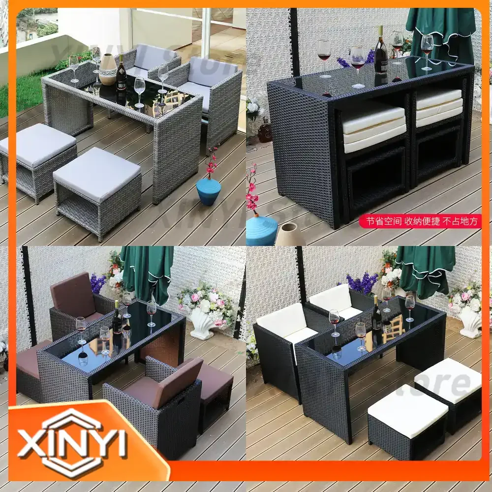 W8 Outdoor Dining Set for Patio Garden Balcony Home Rattan Table and Chairs 3-Piece or 5-Piece Foldable Outdoor Dining Table