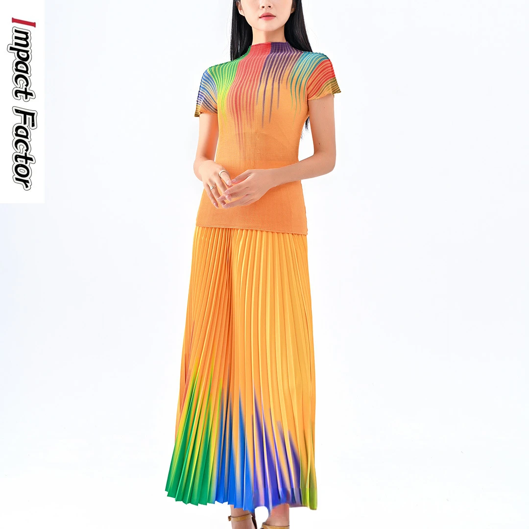 

Miyake Pleated 2024 Summer New Rainbow Print Corn Grain Pleated Short Sleeve Top 100 Pleated Long Dress Set for Women