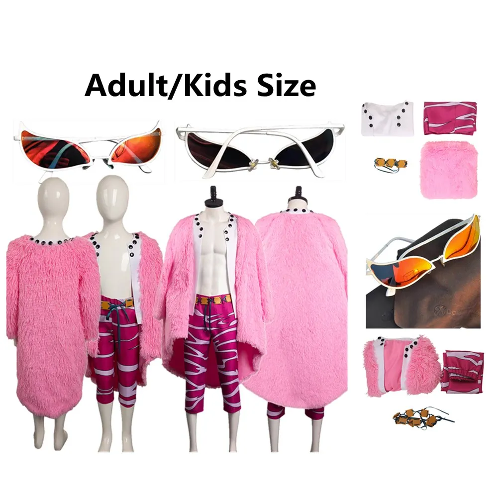 Anime Fantasy Donquixote Doflamingo Cosplay Costume Adult/Kids Coat Pants Belt Eyeglass Outfits Halloween Carnival Party Suit