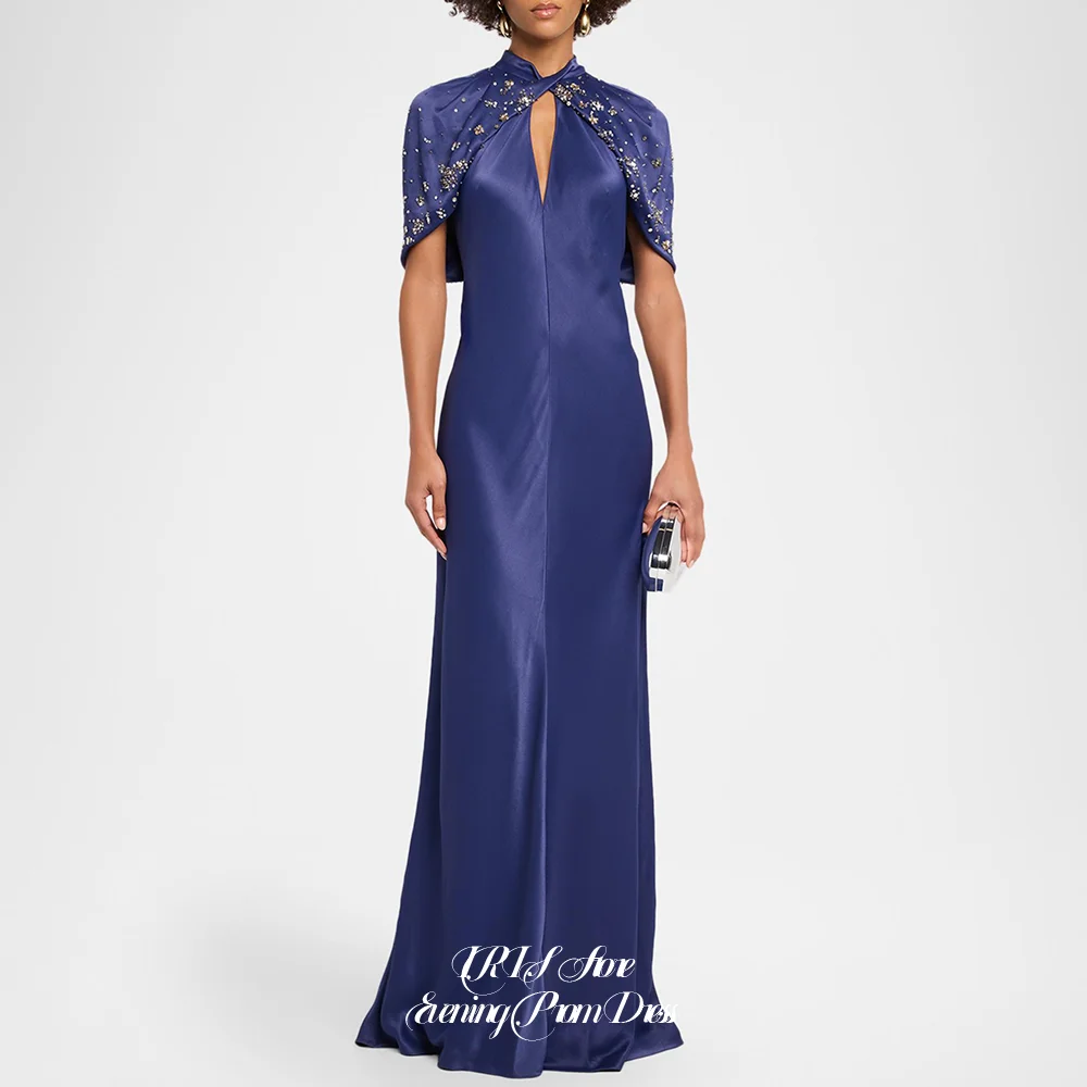 Modern Evening Dresses for Women Satin Keyhole Neck Beaded Cape Sleeve Open Back Floor Length Formal Gown For Gala Party