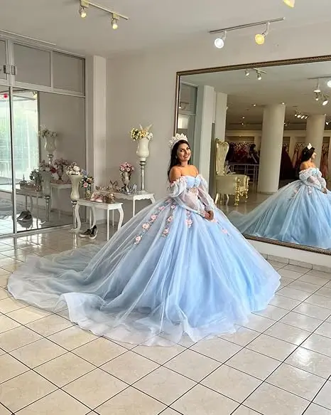 Céu azul quinceanera vestido de manga longa rendas miçangas vestido de baile noiva robe querida pescoço vestido personalizado vestidos de novia