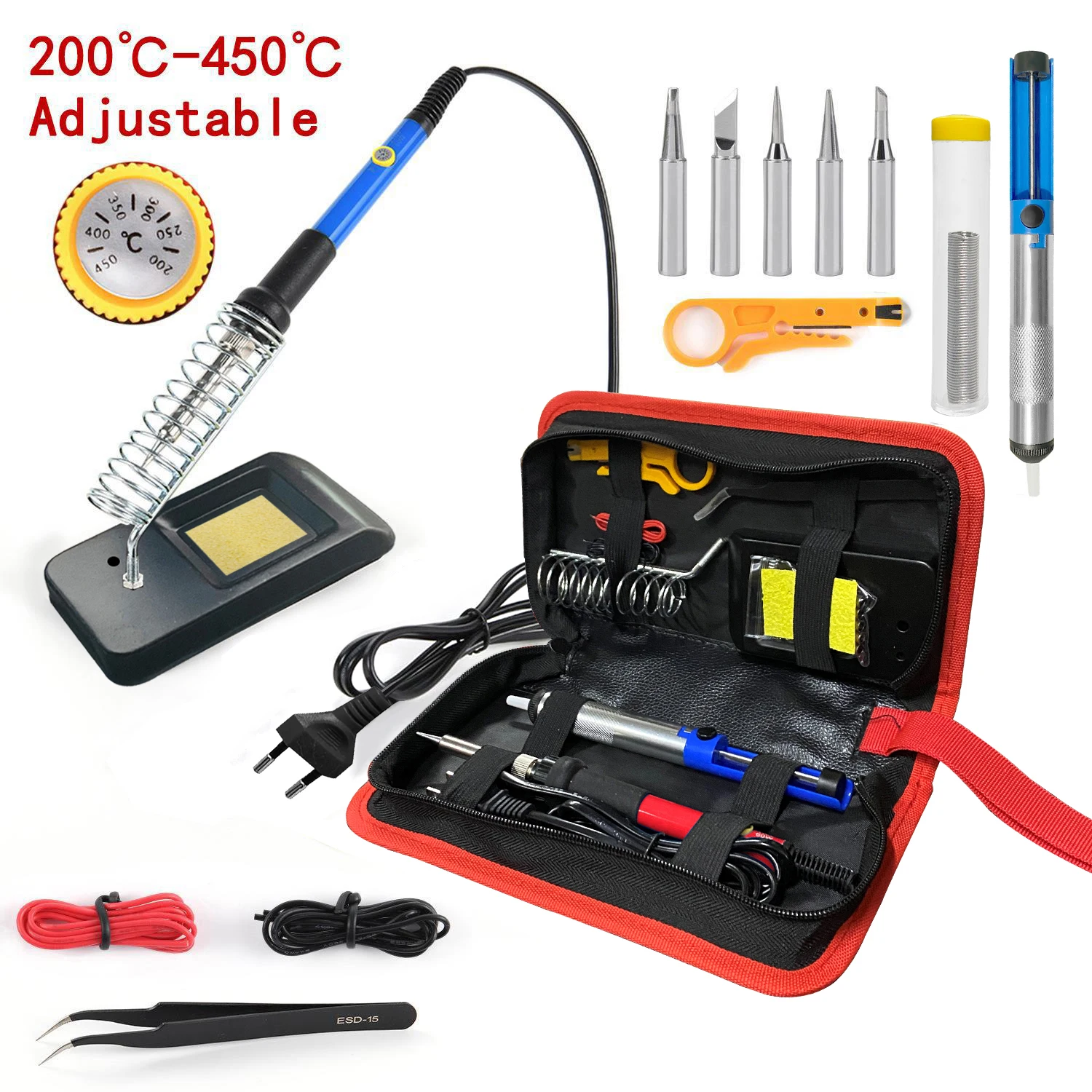 60W Temperature-Adjusting Soldering Iron Set Kit Home Repair DIY Tool 200-450C With Tweezers Iron Tip/15 In 1 Soldering Iron Set
