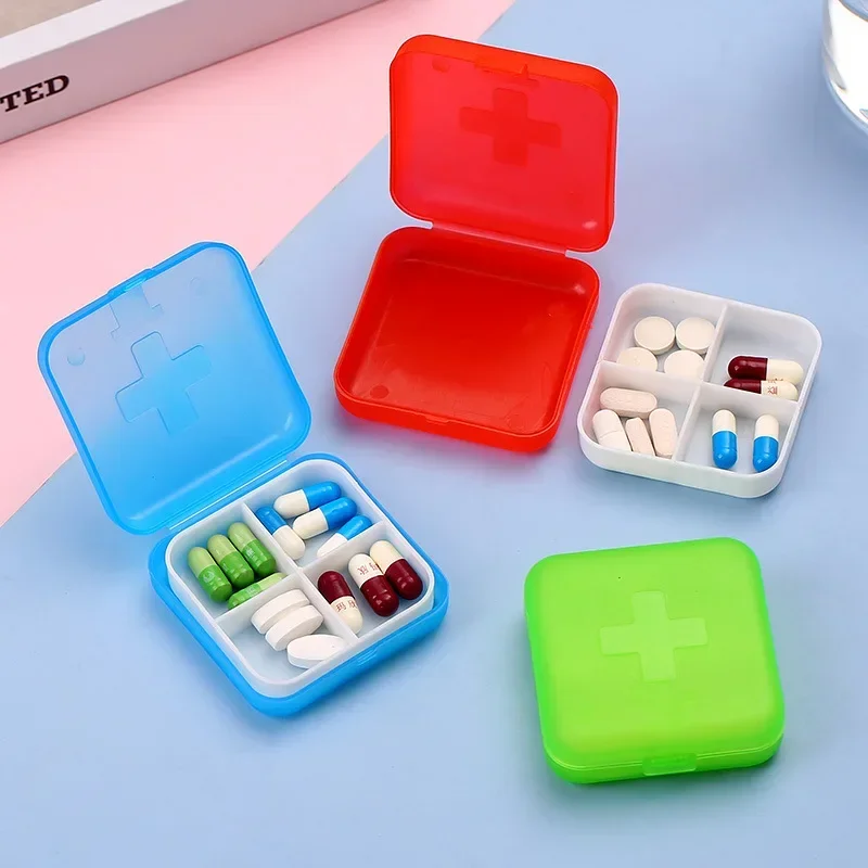 4Grids Cross Print Pill Box Portable Mini Plastic Pill Storage Pure Color Pocket Medicine Box Outdoor Home Pill Case