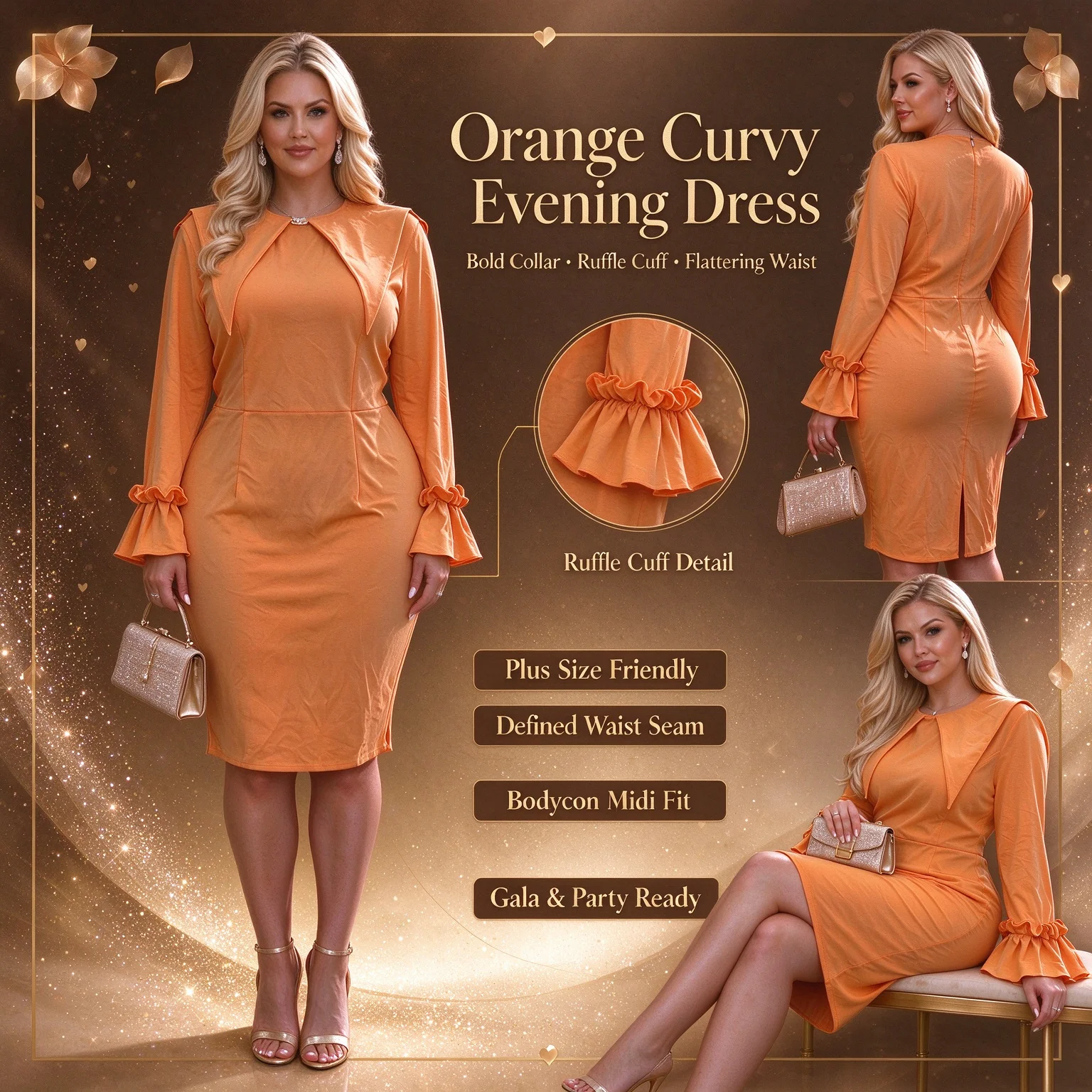Elegant Plus Size Women Orange Bodycon Midi Dress Bold Sharp Collar Ruffle Cuff Back Slit For Cocktail Gala Dinner Date Evening