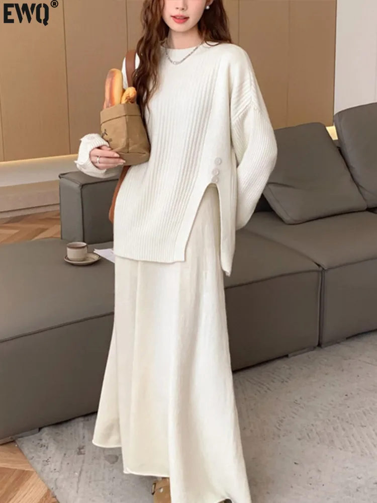 [EWQ] Long Sleeve O-neck Slit Sweater And High Waist Skirt Solid Casual Women Knit Set Clothing 2024 Autumn New Fashion 16O2197