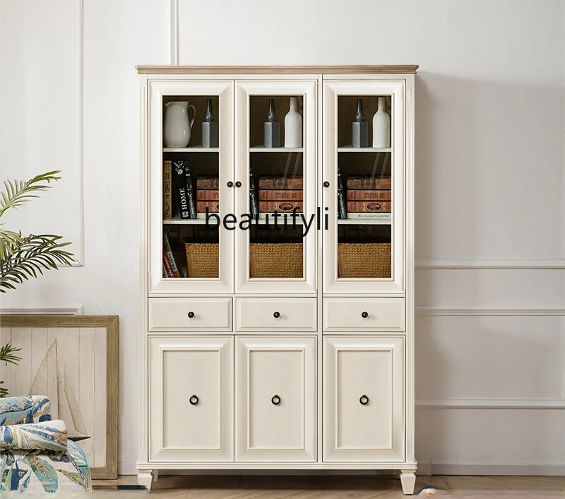 

American solid wood bookcase European floor-to-ceiling bookshelf display storage glass door shelf wine cabinet