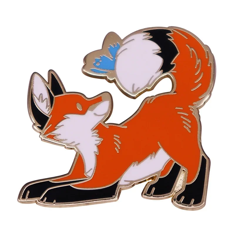 Kawaii Red Fox and Blue Butterfly Hard Enamel Pin Cute Cartoon Forest Foxs Badge Animal Brooch Accessories Fashion Jewelry
