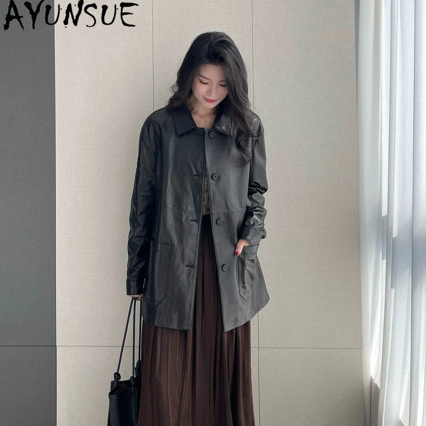 AYUNSUE Top Layer Sheepskin Real Leather Jacket Women Vintage Autumn Clothes Mid-length Coat for Woman Loose Fit Куртка Кожаная