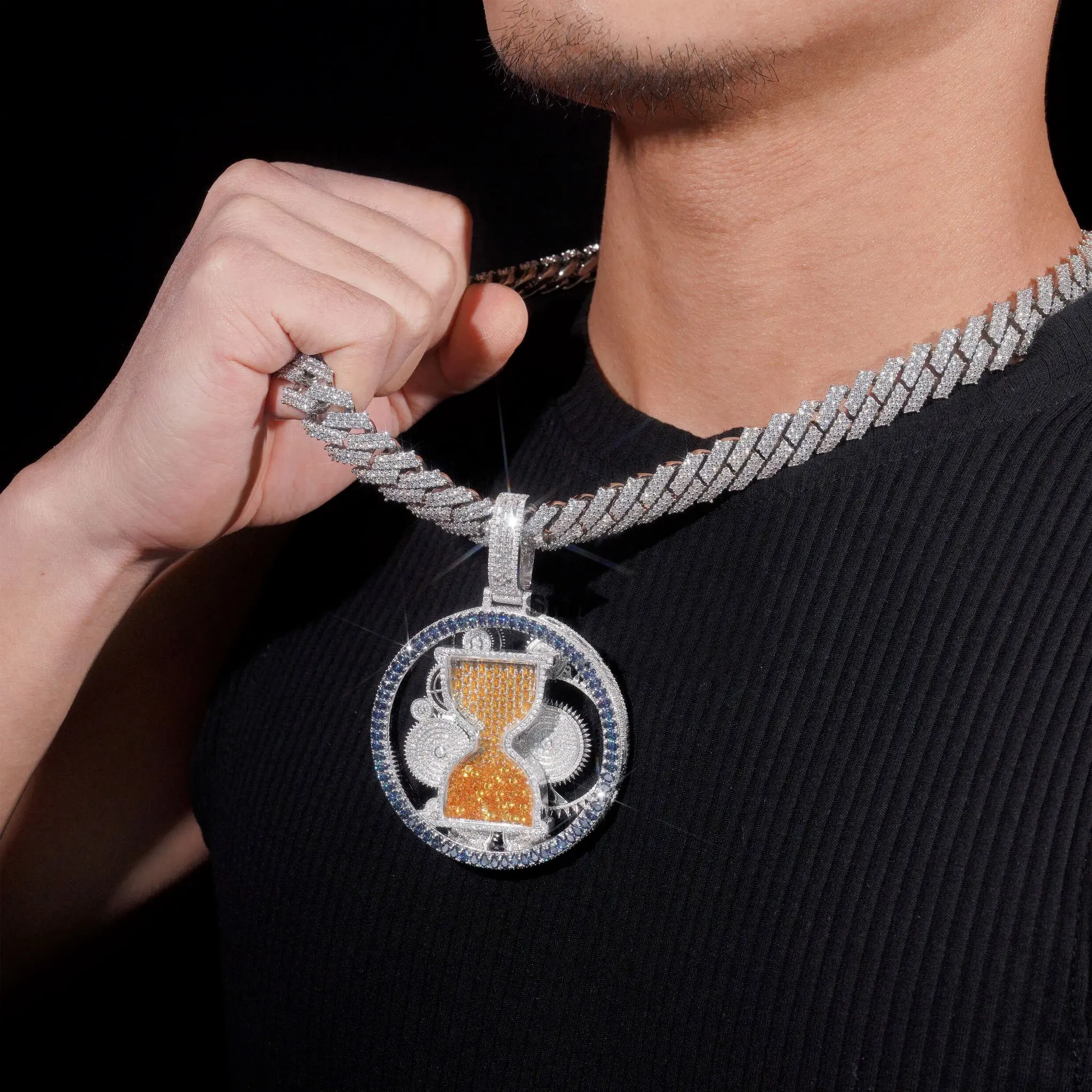 LYEE CYEE Luxury Hip Hop Mechanical Hourglass Rotating Multi Color Heavy Industry Pendant Necklace, Suitable for Street Fashion Parties with Cuban Chain Necklace Anniversary Gift Valentine's Day Gift Birthday/Festival Jewelry Unique Jewelry
