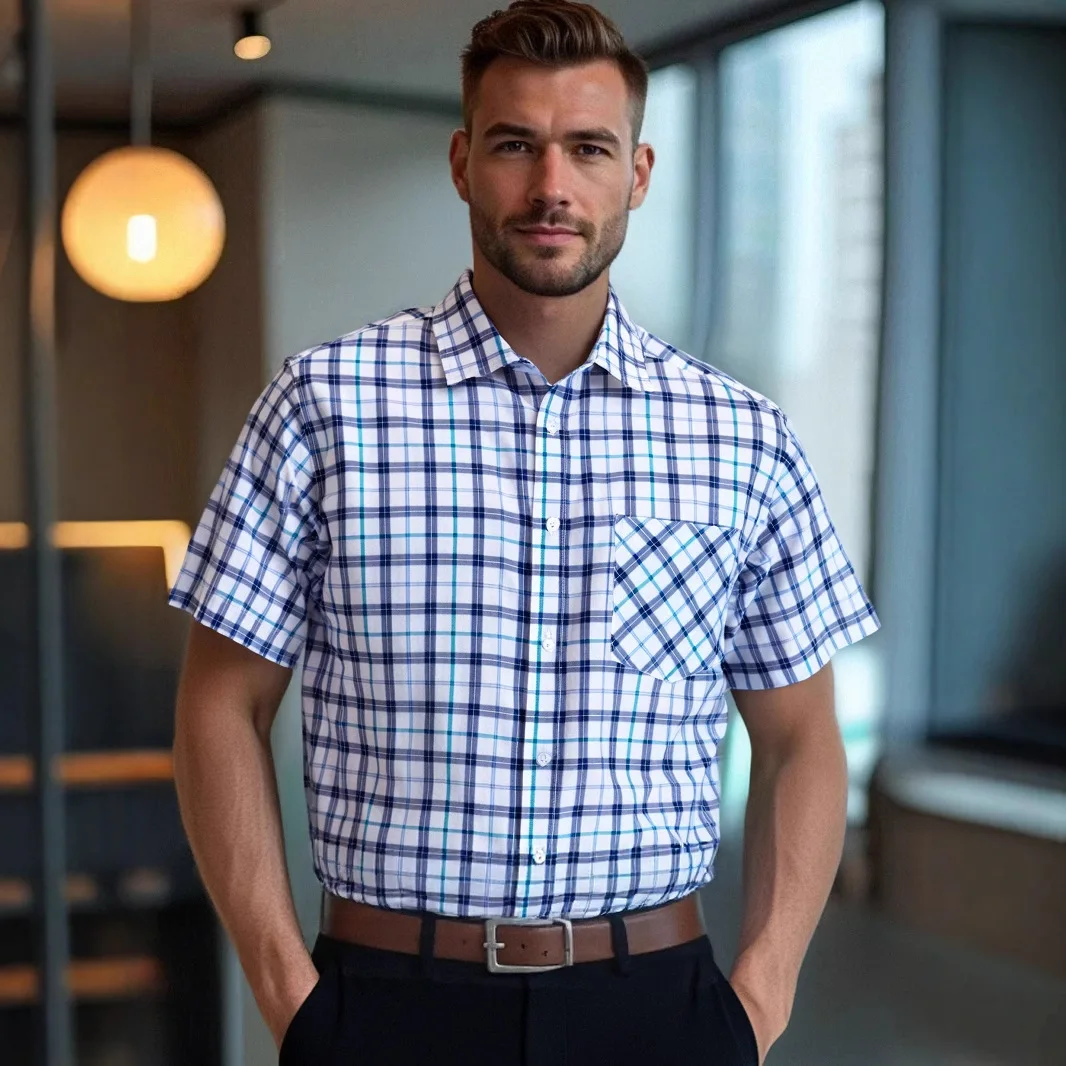

Summer Business Casual Plaid Single-breasted Lapel Men's Large Size Shirt