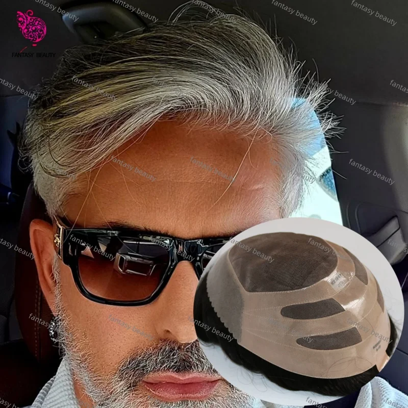 Mens Capillary Prosthesis Fine Mono Lace Bond 100% Indian Wigs Human Hair Patch Men Toupee 1B65 1B80 Durable Gray Black Toupee