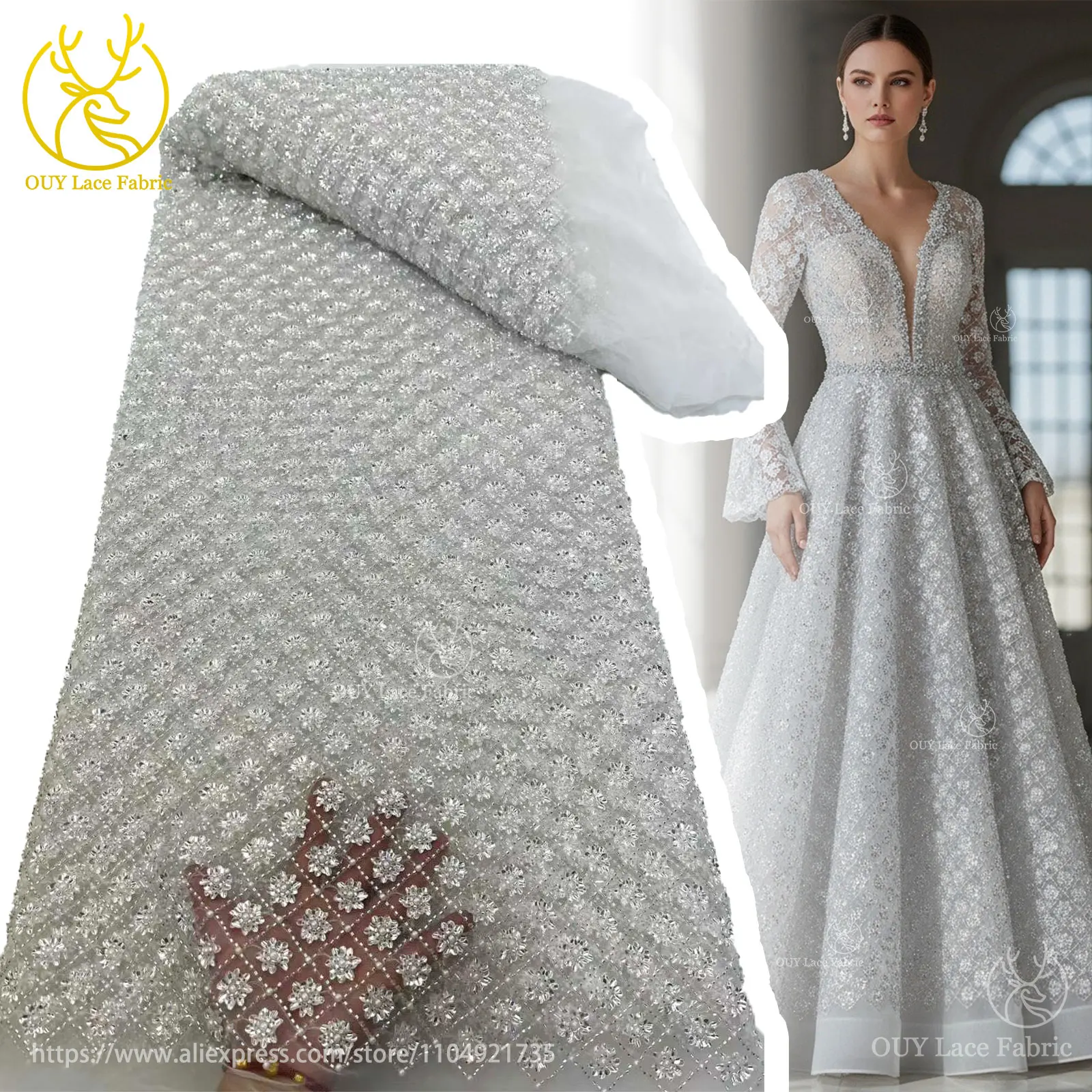 Weißes Brautkleid, elegantes französisches Kleid mit Pailletten, Stickerei, Tüll-Spitzenstoff, afrikanischer nigerianischer Bräutigam, Perlen-Spitzenstoffe – Detail 5