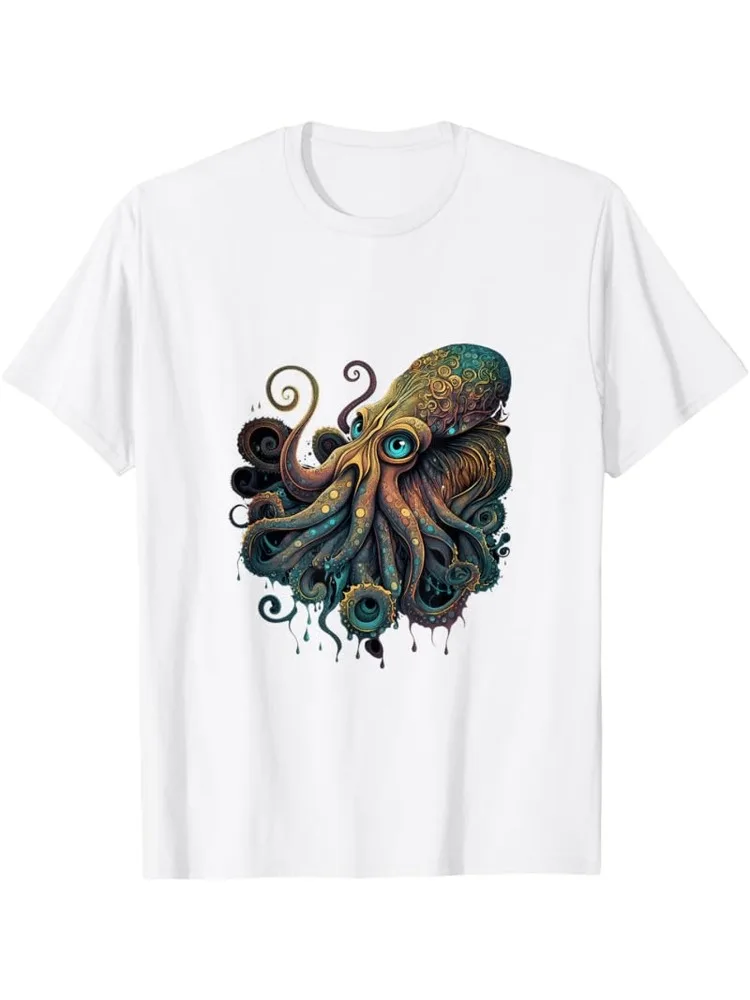 

Psychedelic Octopus and Kraken Tentacles T-Shirt Black and Green Marine Creature Print Women's Casual Short-Sleeve Crew Neck Top