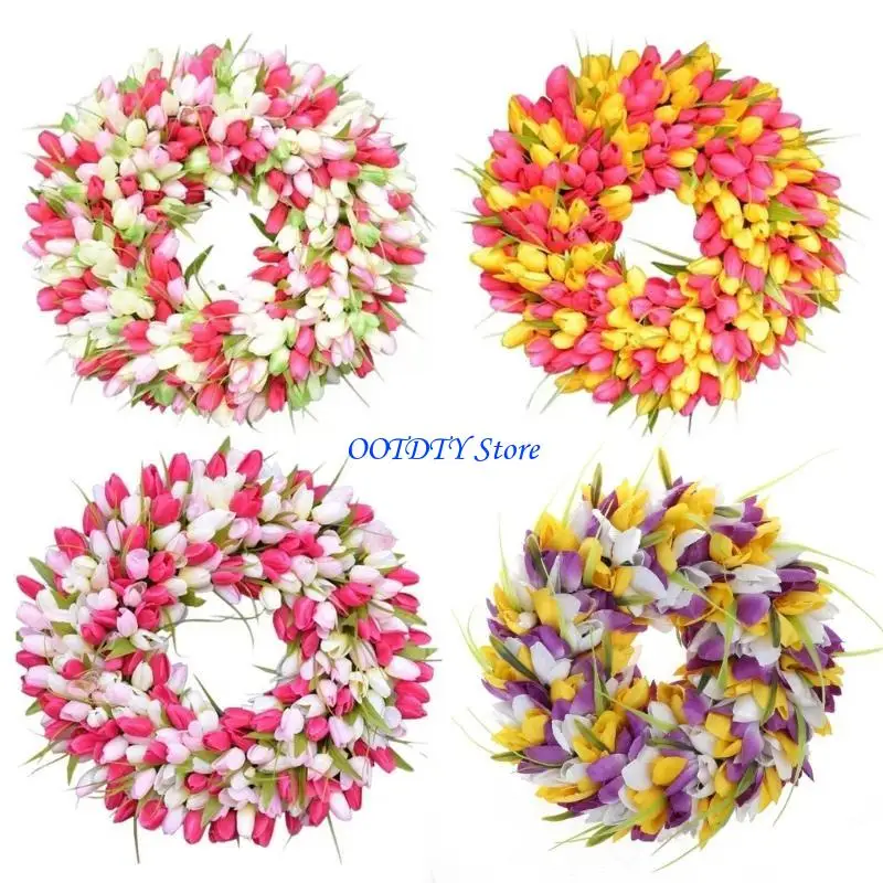 367A إكليل التوليب الاصطناعي محاكاة ديكور الزفاف إكليل معلق على الحائط لعيد الفصح الربيع ديكور الباب الأمامي للحفلات