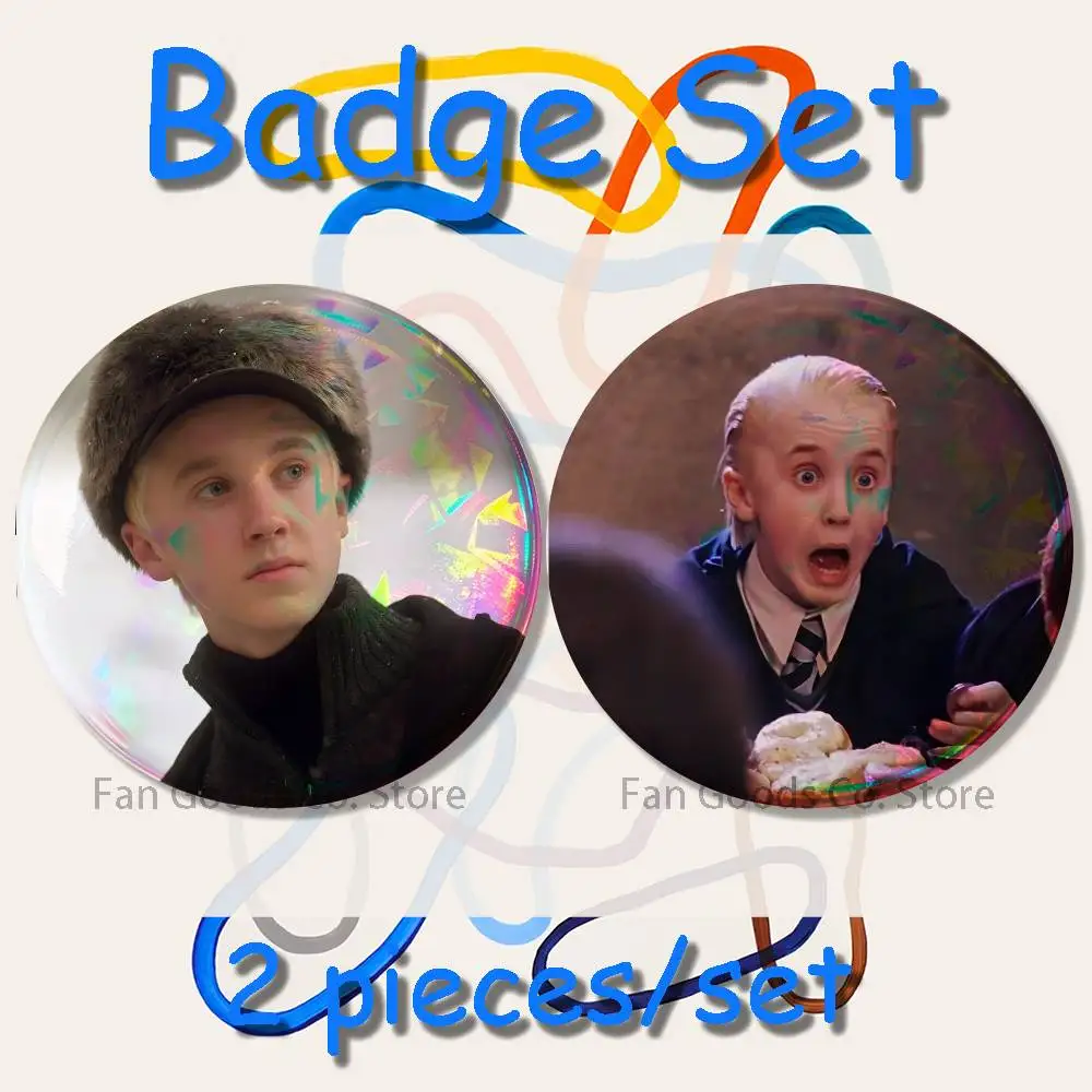 D-Draco Malfoy Tom F-Felton 2-teiliges Set Anstecknadeln für Rucksack, Kleidung, Schmuck, Accessoires, runde Brosche, Button-Abzeichen, Fans-Kollektion, Geschenk – Detail 8