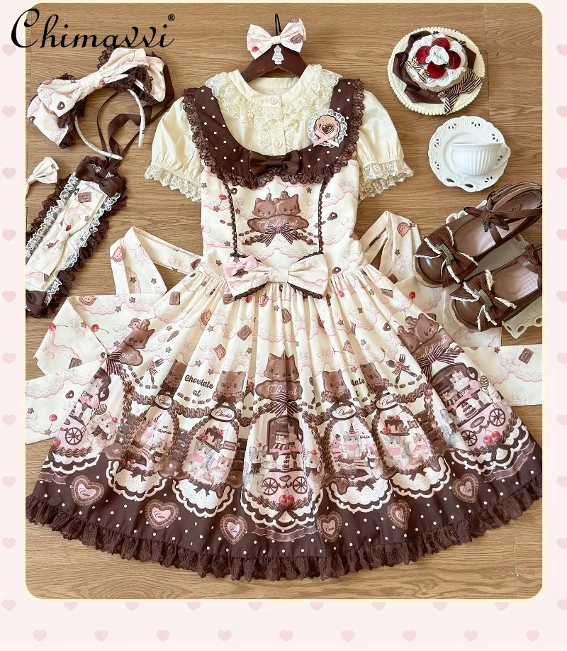 Vestido JSK Original de Lolita con estampado de dibujos animados para mujer, vestidos de princesa elegantes de cintura alta con lazo bonito, otoño 2025
