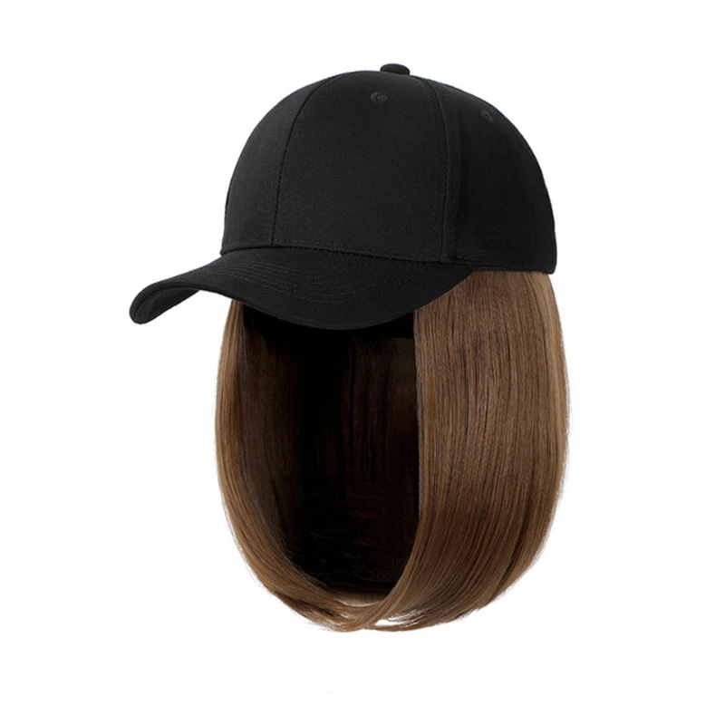 Synthetic Adjustable Black Hat Wigs Short Bob Straight Baseball Cap Wig Seamless Connection Hair Extensions for Women