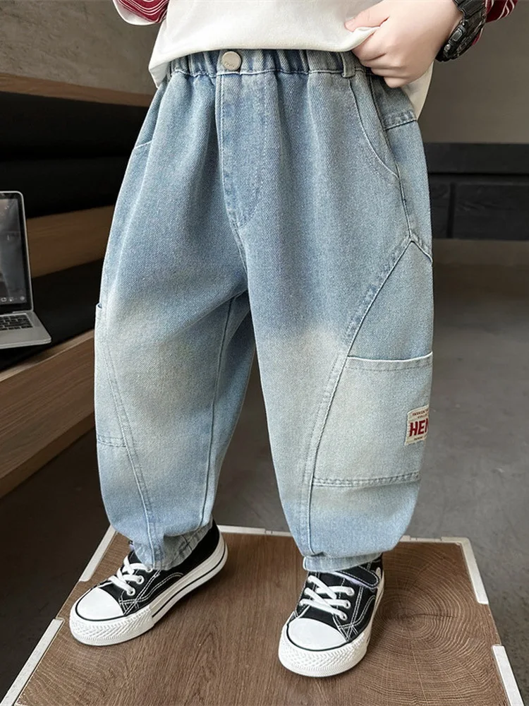 Spring Autumn Kids Jeans Multi-Pocket Boys Jeans Fashion Children Patchwork Trousers Teen Straight Pants 2-10 Years Casual Wear