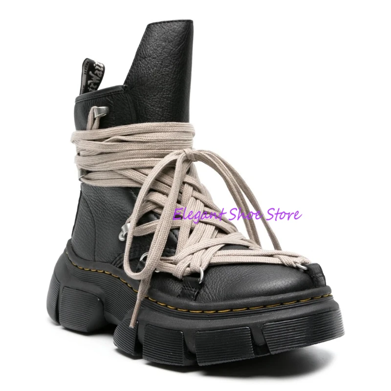 Cross Strap Black Leather Ankle Boots Fashion Women Chunky Platform Lace-Up Motorcycle Boots Round Toe Zipper Booties for Men