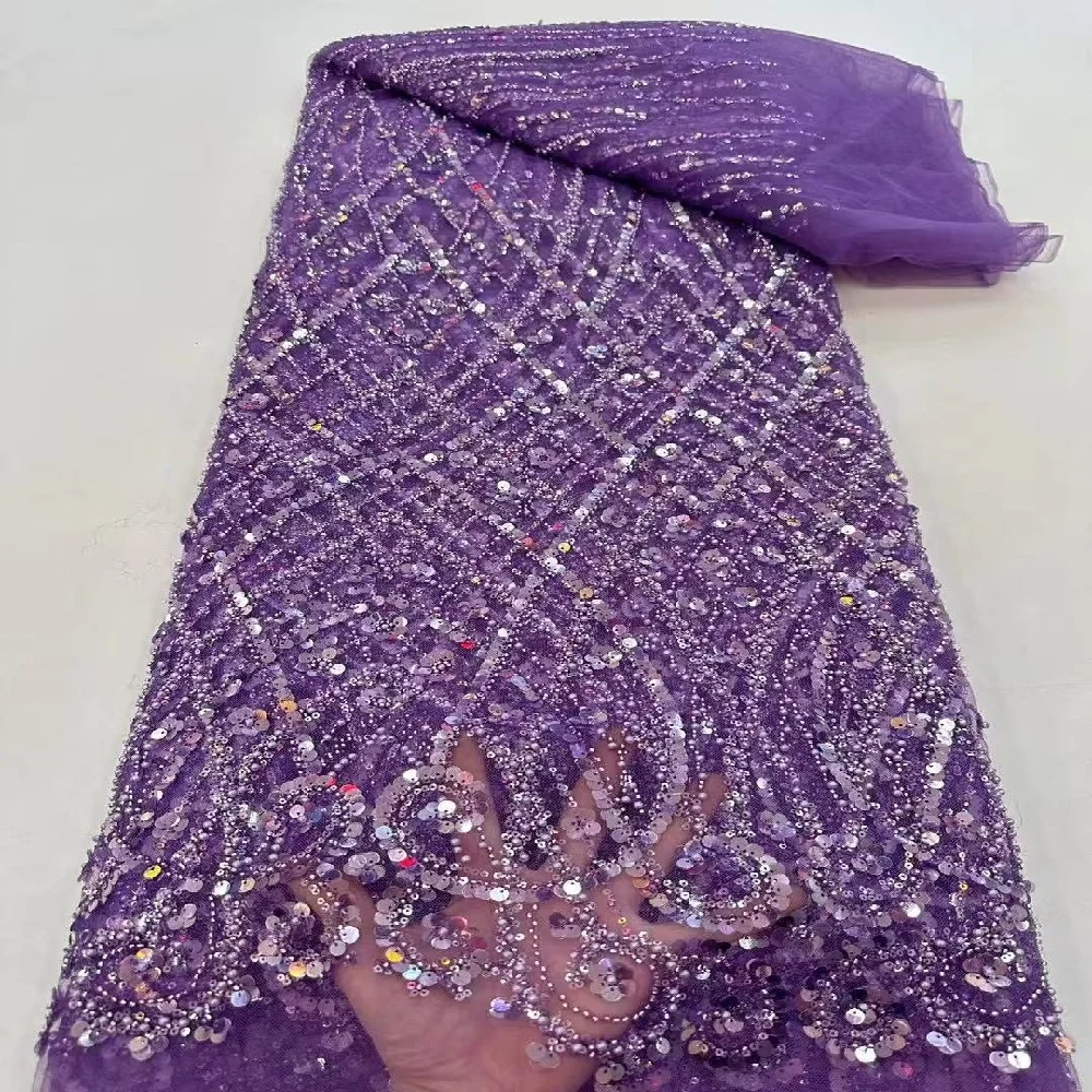 

Африканское кружево 2026, роскошная высококачественная сетчатая ткань с последовательностью Дубая, фиолетовая свадебная кружевная ткань с бисером для свадебных платьев Hm219-1