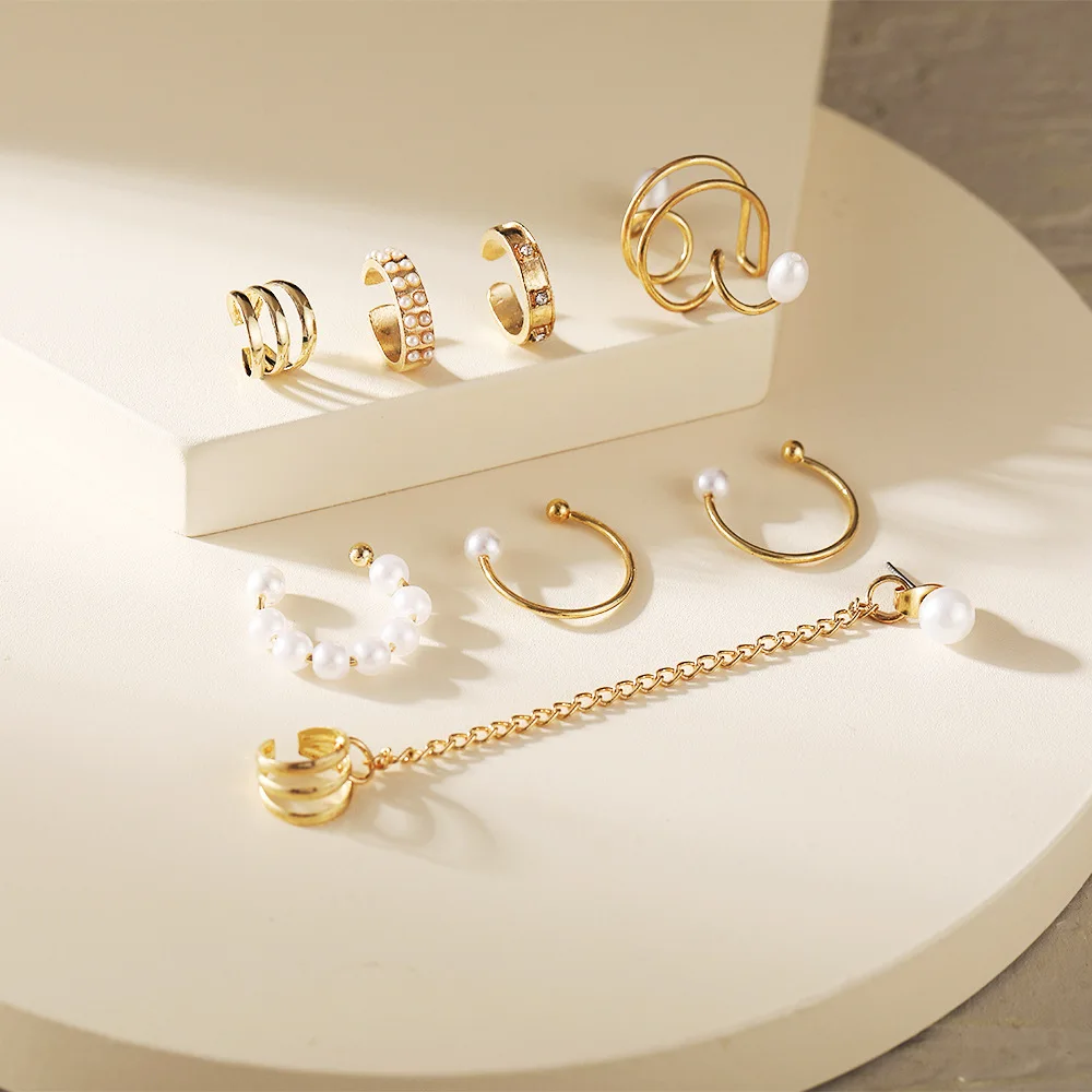 Premium 8 Piece Faux Pearl Tassel Ear Clip Set for Women No Piercing Ear Cuff Large Small Pearl Design