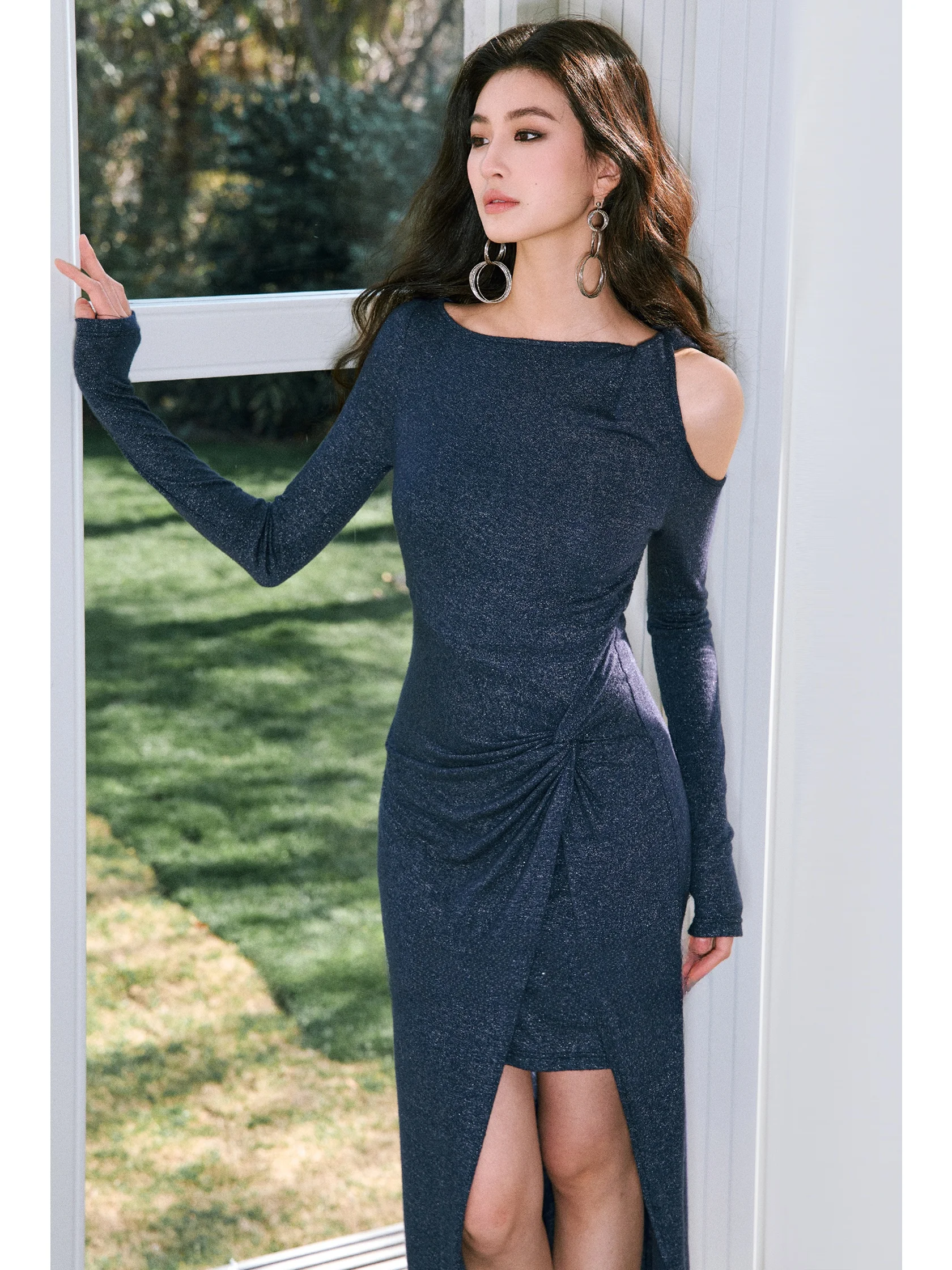 

WANGXO Pearl iny Tead Knitted Slim Fit Dr Sexy oulder Bared Layered Twist Side Split Ci Commute Suitable Long Sve