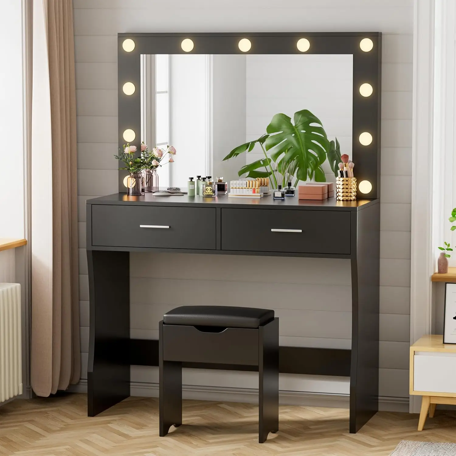 i*-Vanity Desk with Mirror, Power Outlet and 11 Lights, Makeup Table with 2 Drawers, 3 Color Modes Available for, Customized