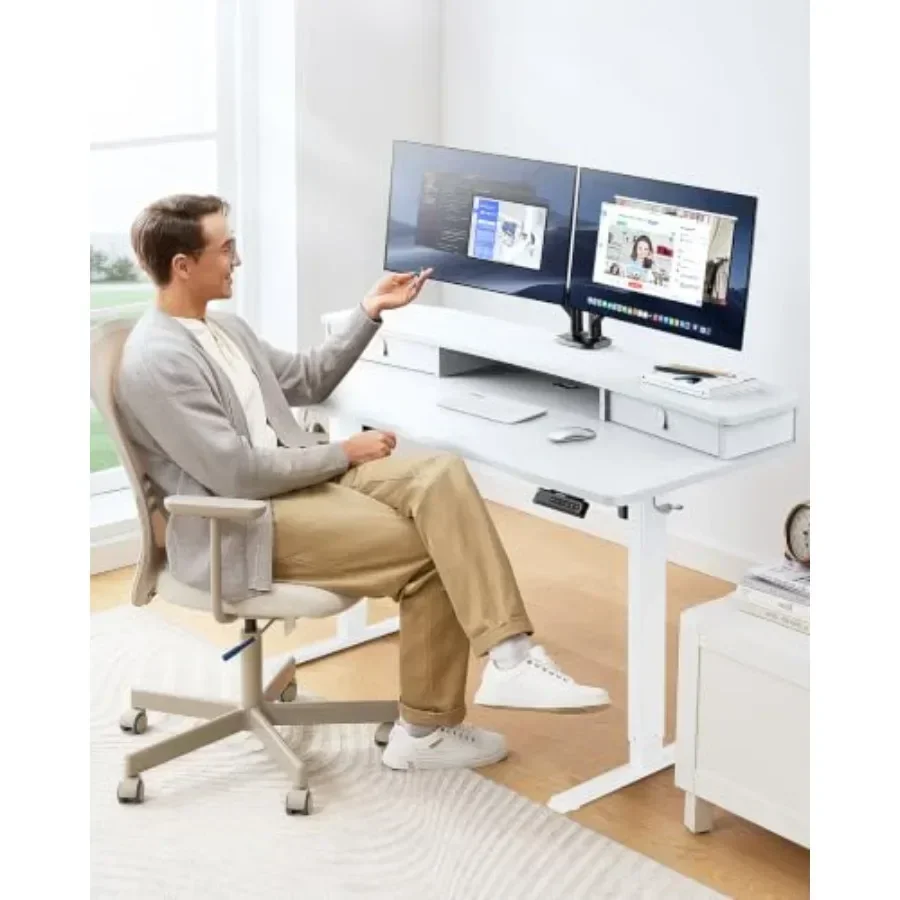 Home office electric standing desk, steel frame, black, 48 x 24 with 2 drawers, C-clamp mount compatible, 4 preset heights 2 ho