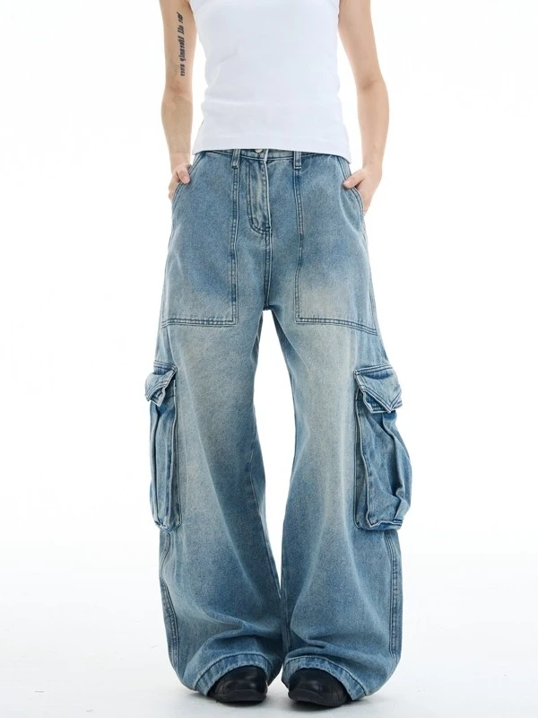Calças Jeans Americanas Retro com Lavagem Clara, Estilo Scythe, Largas e Soltas, com Múltiplos Bolsos, para Homens e Mulheres...