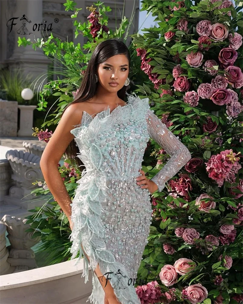 Dubai Woman Mint Green Full Pearls Mermaid Celebrity Dress Feather 3D Applique Leaves Evening Wedding Gowns vestidos de gala