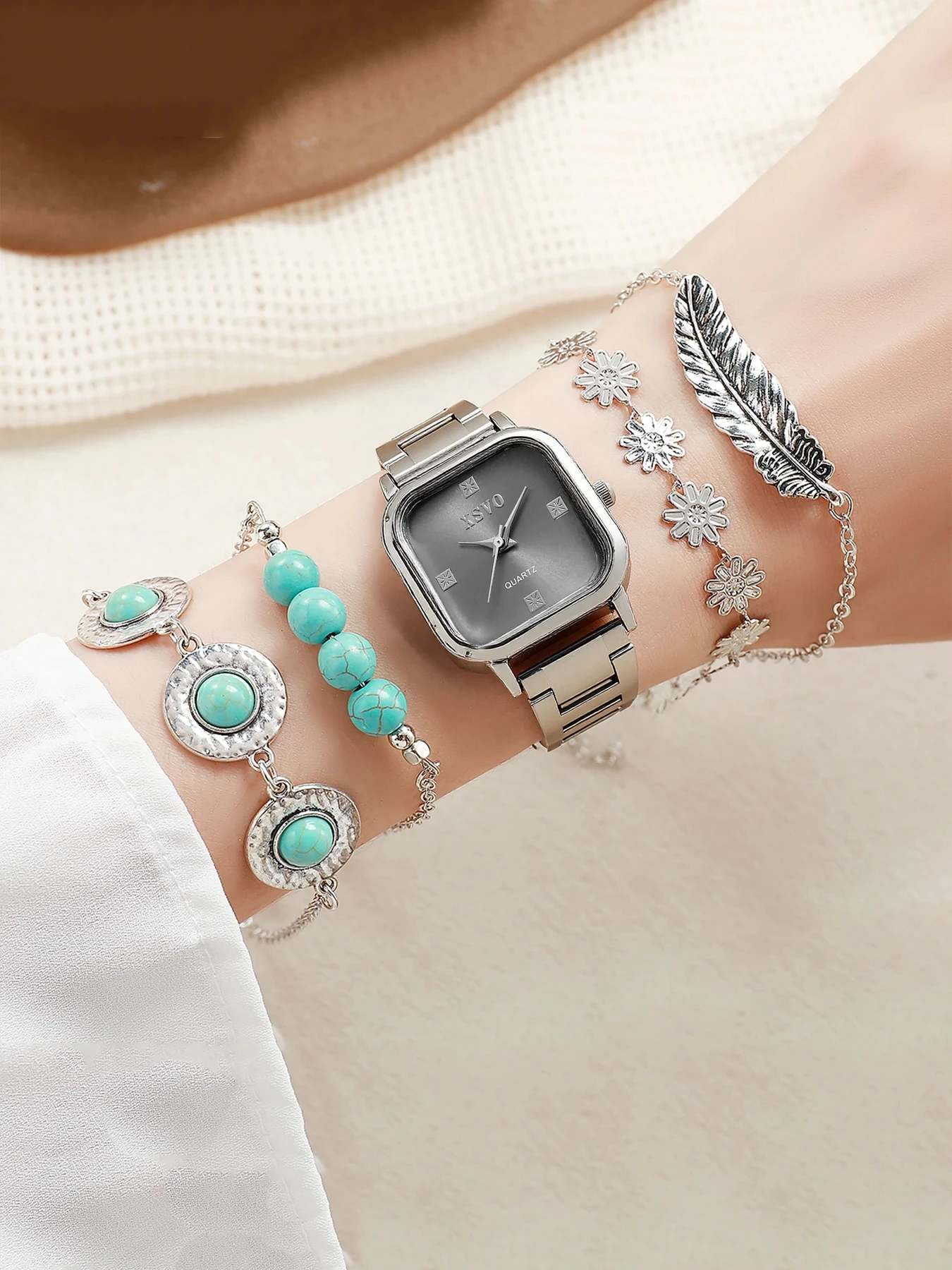 

Модный универсальный стальной ремешок, квадратный кварцевый браслет для часов, набор из 5 штук, подходит для подарков на Рождество и День Благодарения