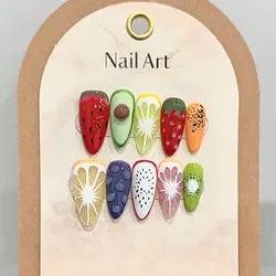 10 Stuks Zomer Verse Valse Nagels Schattige Lange Amandel Pitaya Citroen Decor Handgemaakt Afgewerkt Y 2K Cartoon Nep Nagels Pers Op Ronde Punt