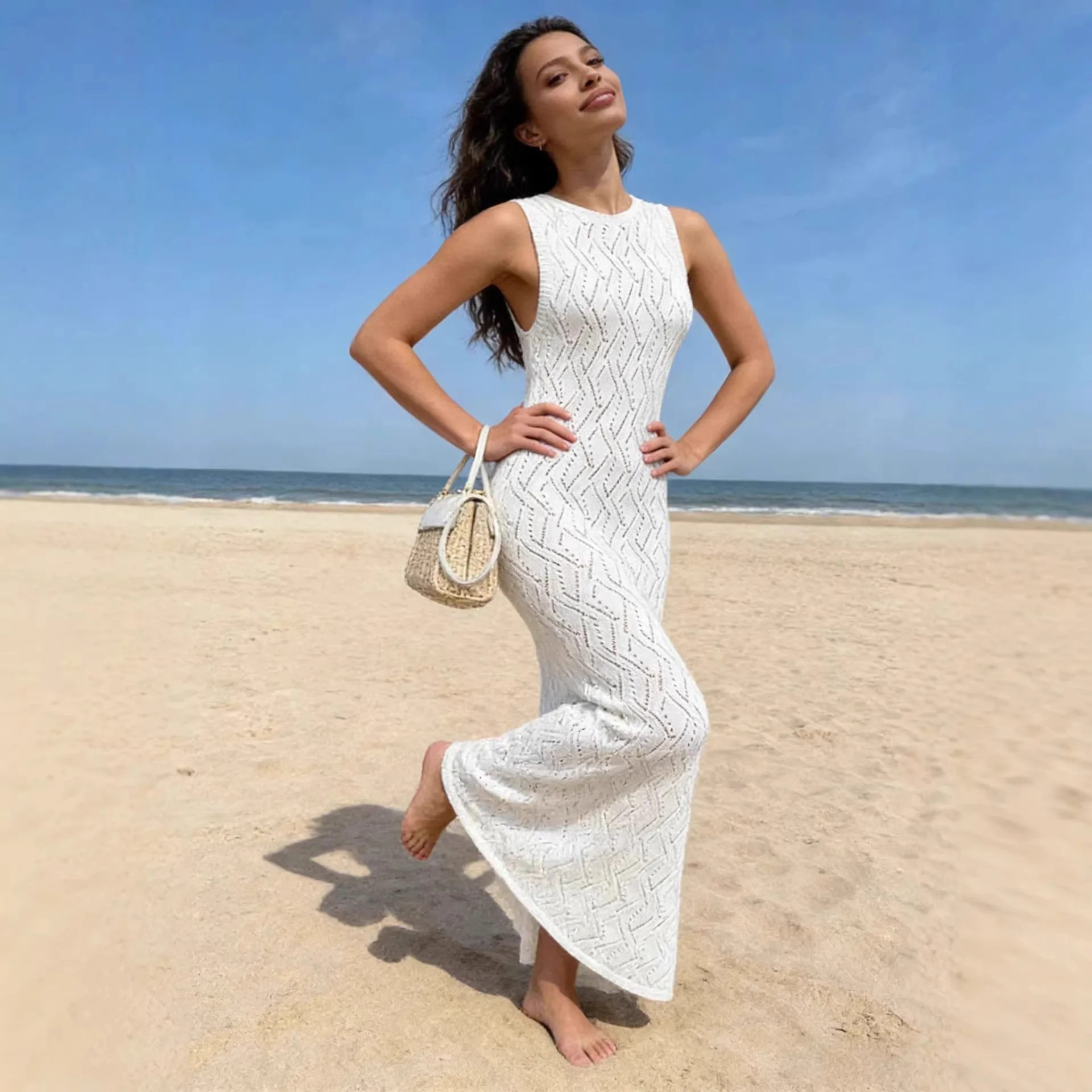 Slim Hollow Out Diamond Pattern Knitted Dress Women 2026 New Summer Beach Dress Sleeveless O-neck Maxi Dresses Outing Beachwear