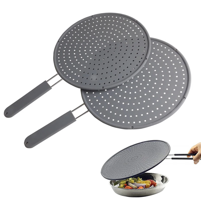 Silicone Kitchen Splatter Screen with Handle Heat-resisting Oil Splash Guard Drain Board Cover Kitchen Frying Pan Lid