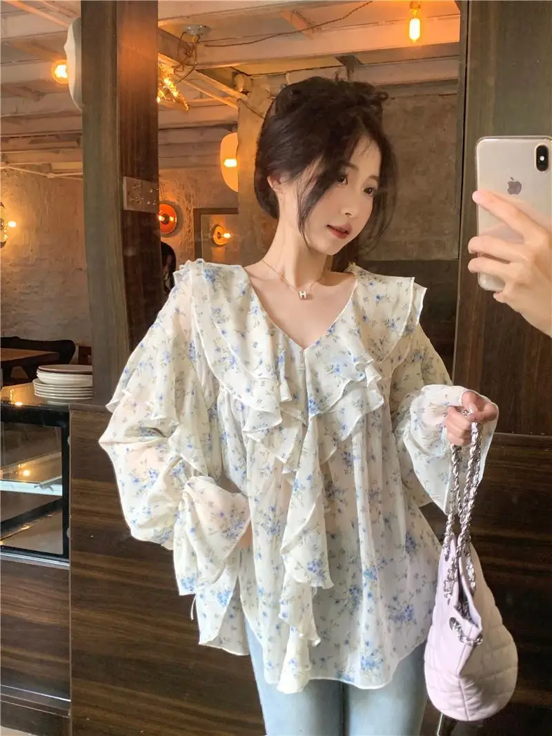 脂肪 Mm2-300 キャティーズ特大サイズデザインセンス二層ネック V ネック花柄シフォン日焼け止めシャツ女性用